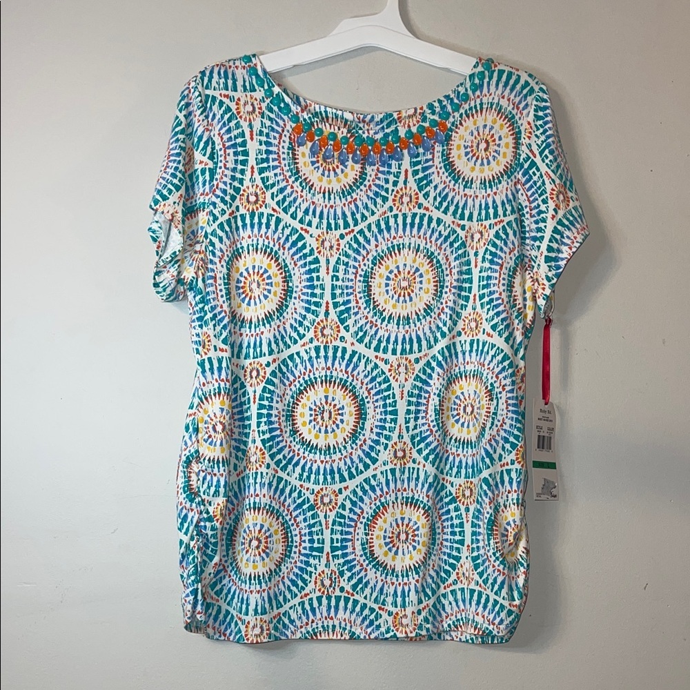 Ruby Rd Favorites Blue Orange White Mandala Print Blouse Size Large #307
